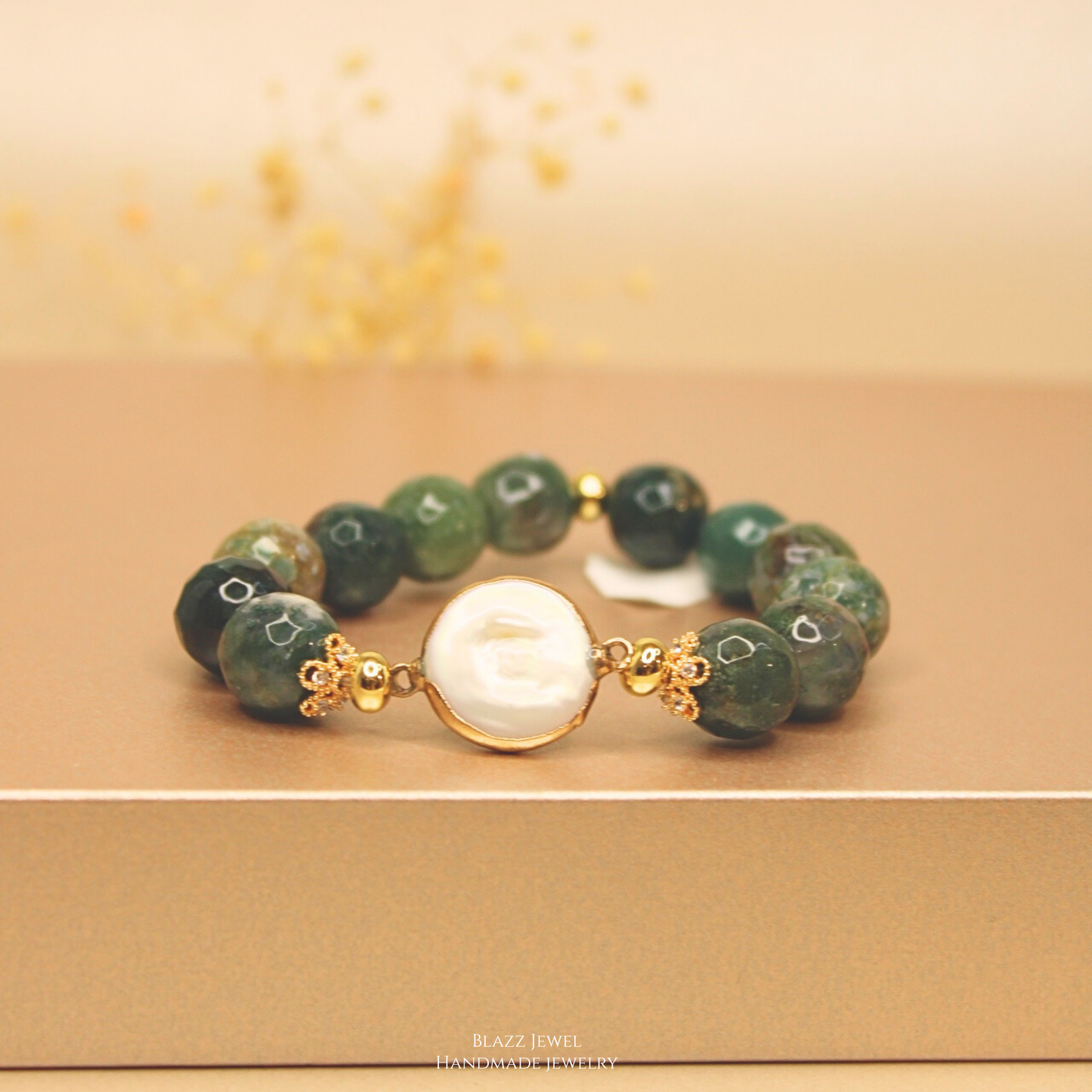 Ágata Tibetana 12mm & enlace de Perla Keshi