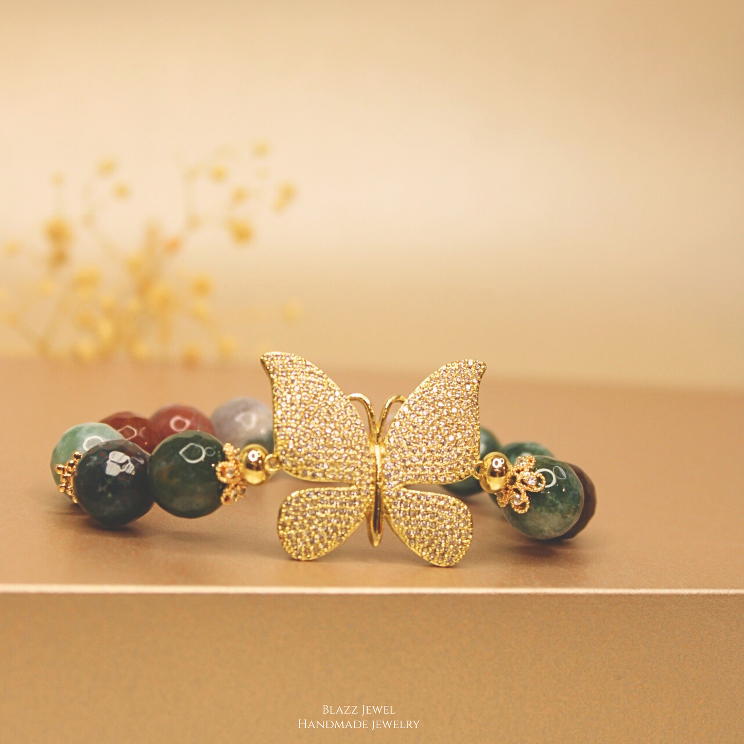 Ágata Tibetana 12mm &Enlace de mariposa maxi con zirconias en micropave