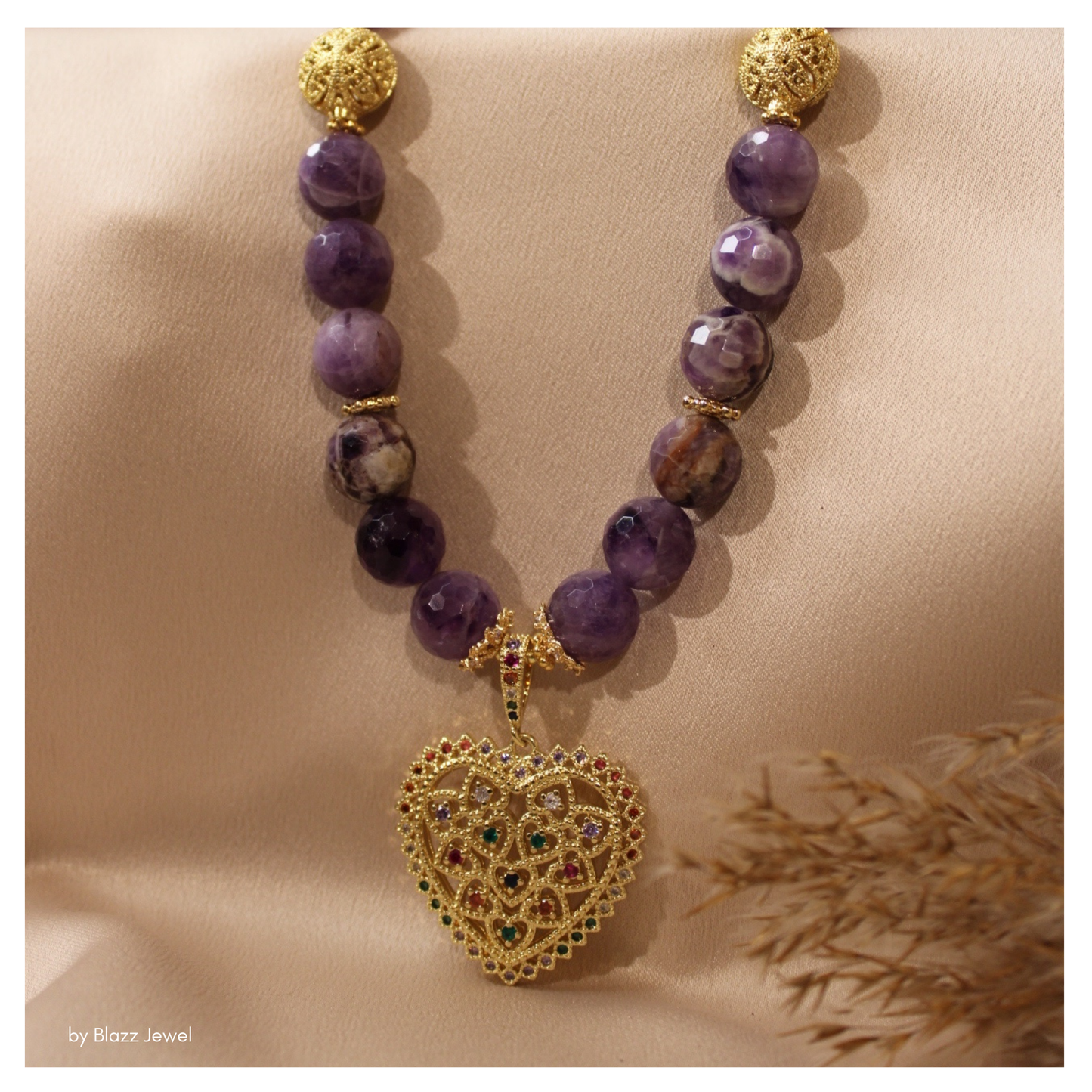 Amatista 12mm & dije de corazón con zirconias en colores