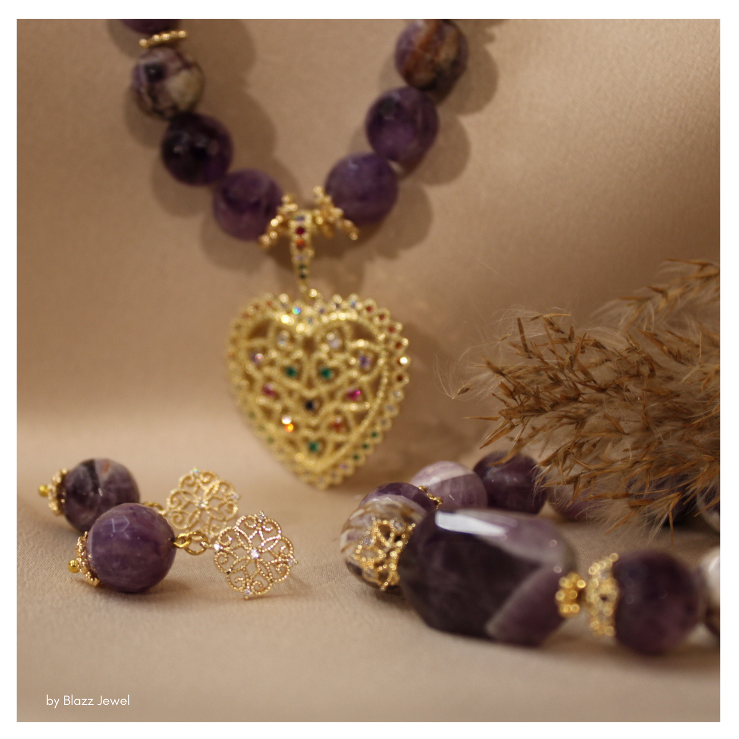 Amatista 12mm & dije de corazón con zirconias en colores