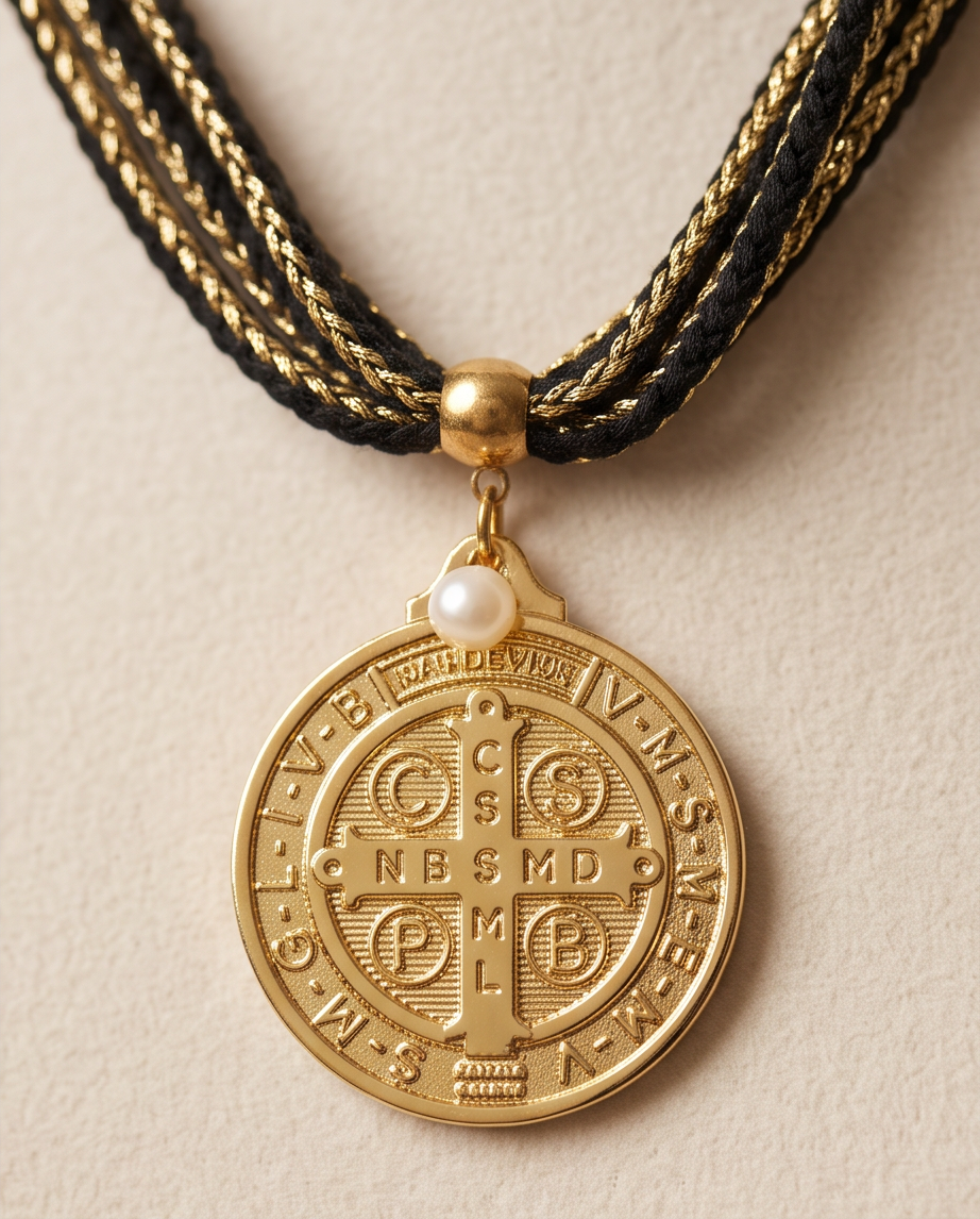 Collar Roma Negro de Algodón con Medalla de San Benito y Perla Natural