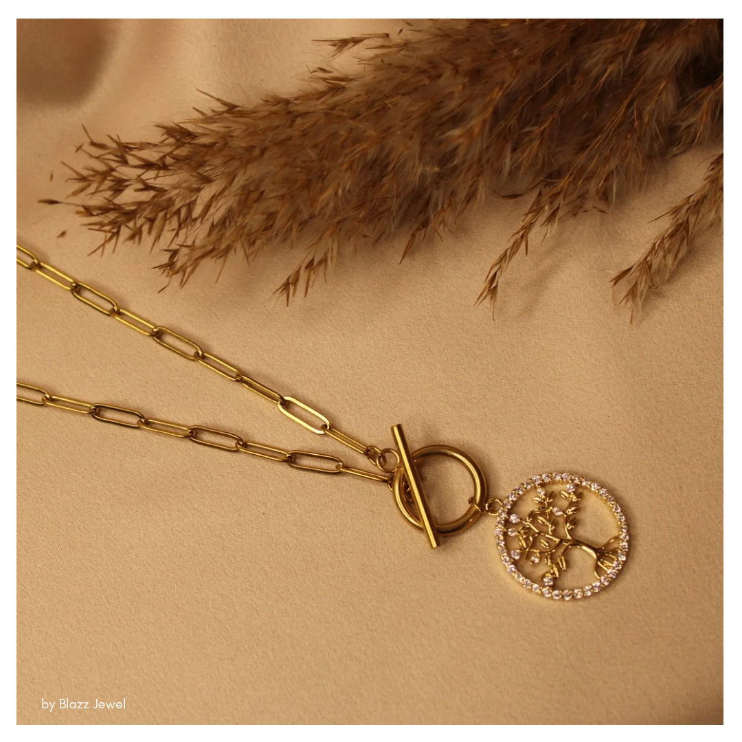 Cadena PaperClip & dije de árbol de la vida redondo