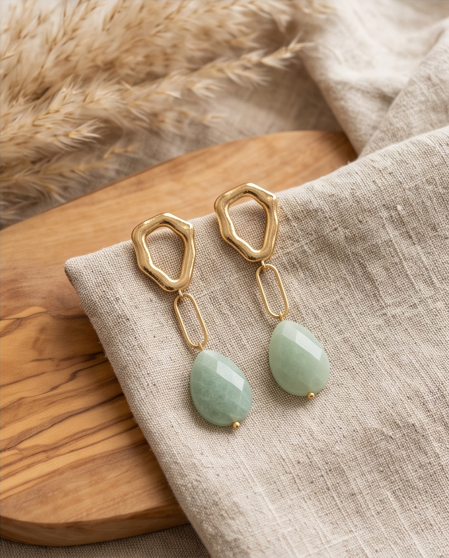 Aretes de Gota de Jade Verde Facetado con Base Hexagonal y Eslabón en Baño de Oro de 24k
