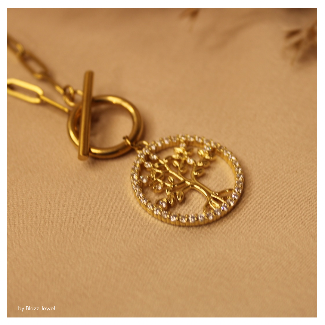 Cadena PaperClip & dije de árbol de la vida redondo