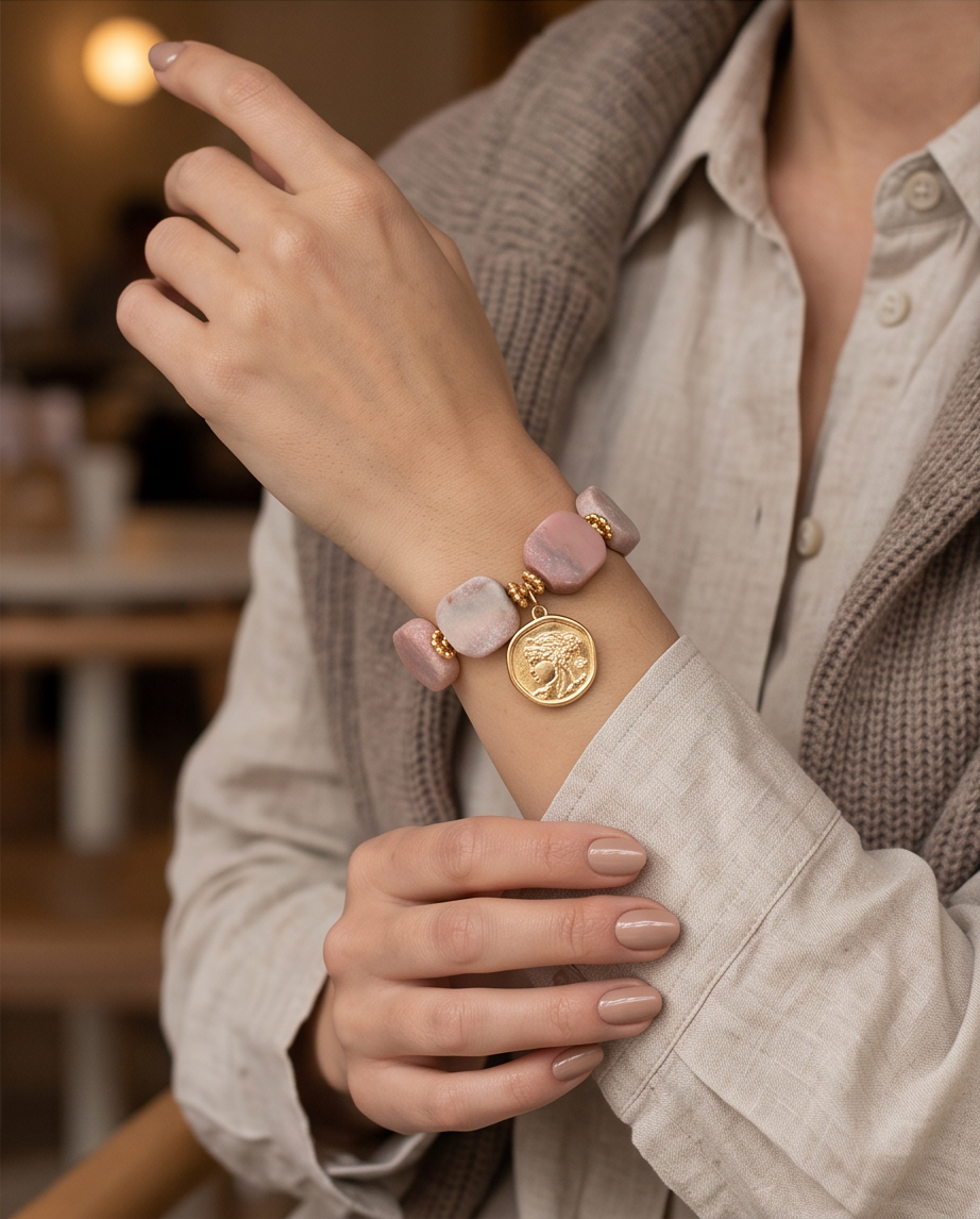 Pulsera de Ópalo Rosado en Cubos con Medalla Romana