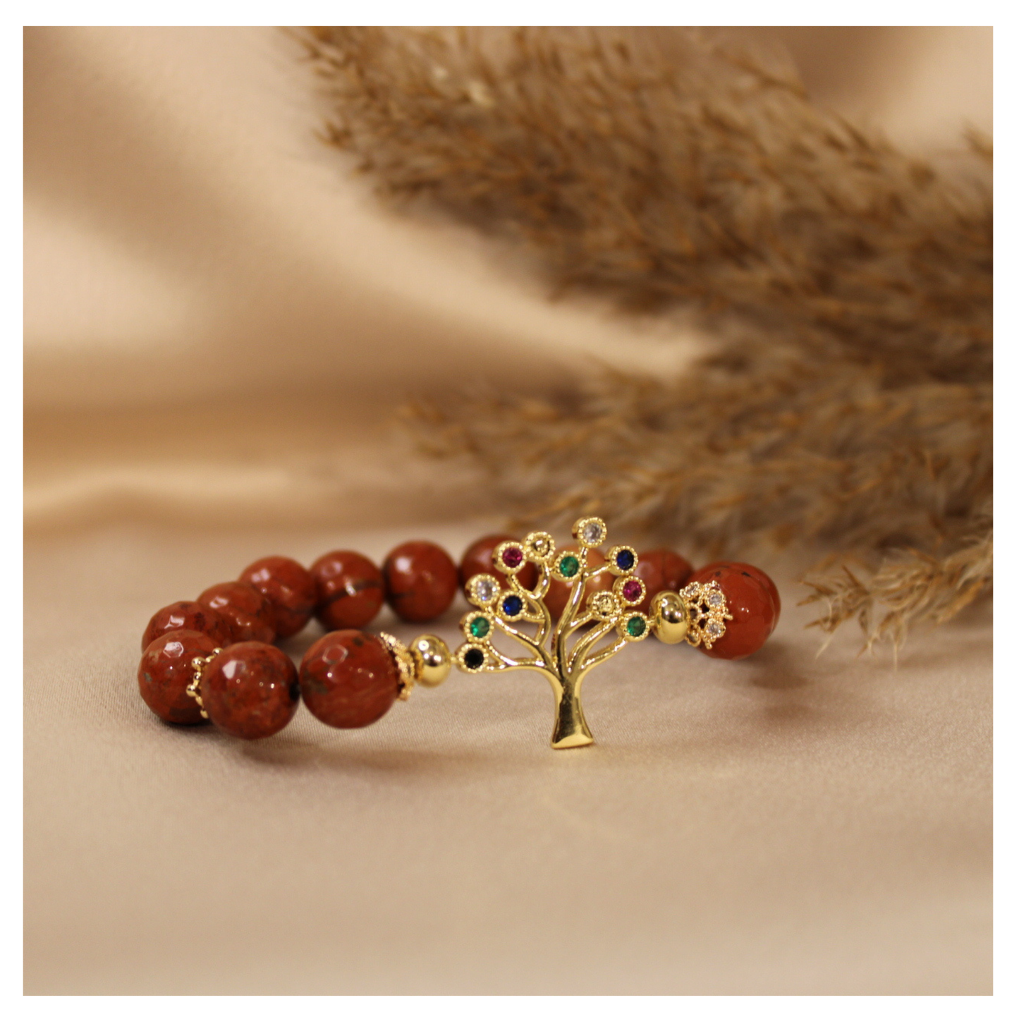 Pulsera Jaspe Rojo 12mm & enlace de árbol de la vida con zirconias en colores