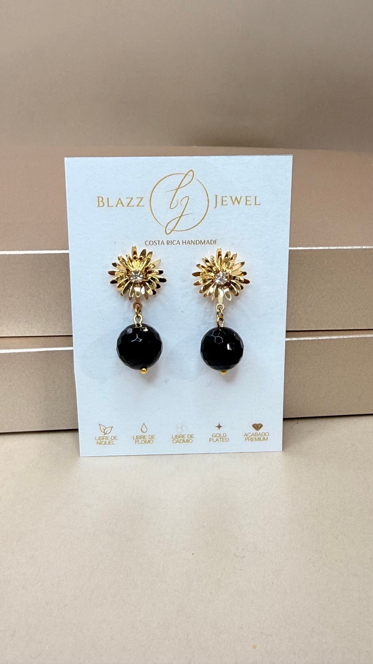 Aretes de Ónix Negro Facetado con Base Margarita con Zirconia