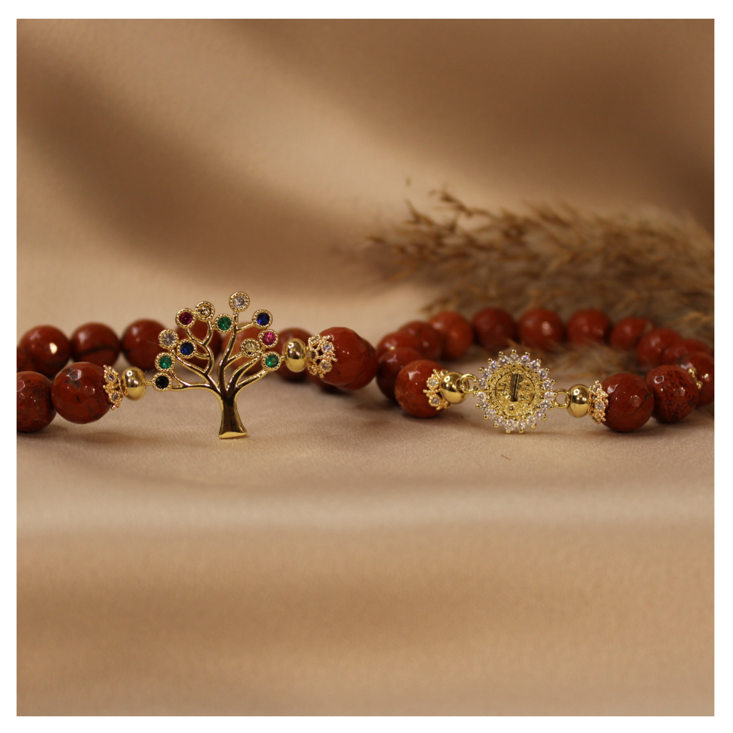 Pulsera Jaspe Rojo 12mm & enlace de árbol de la vida con zirconias en colores
