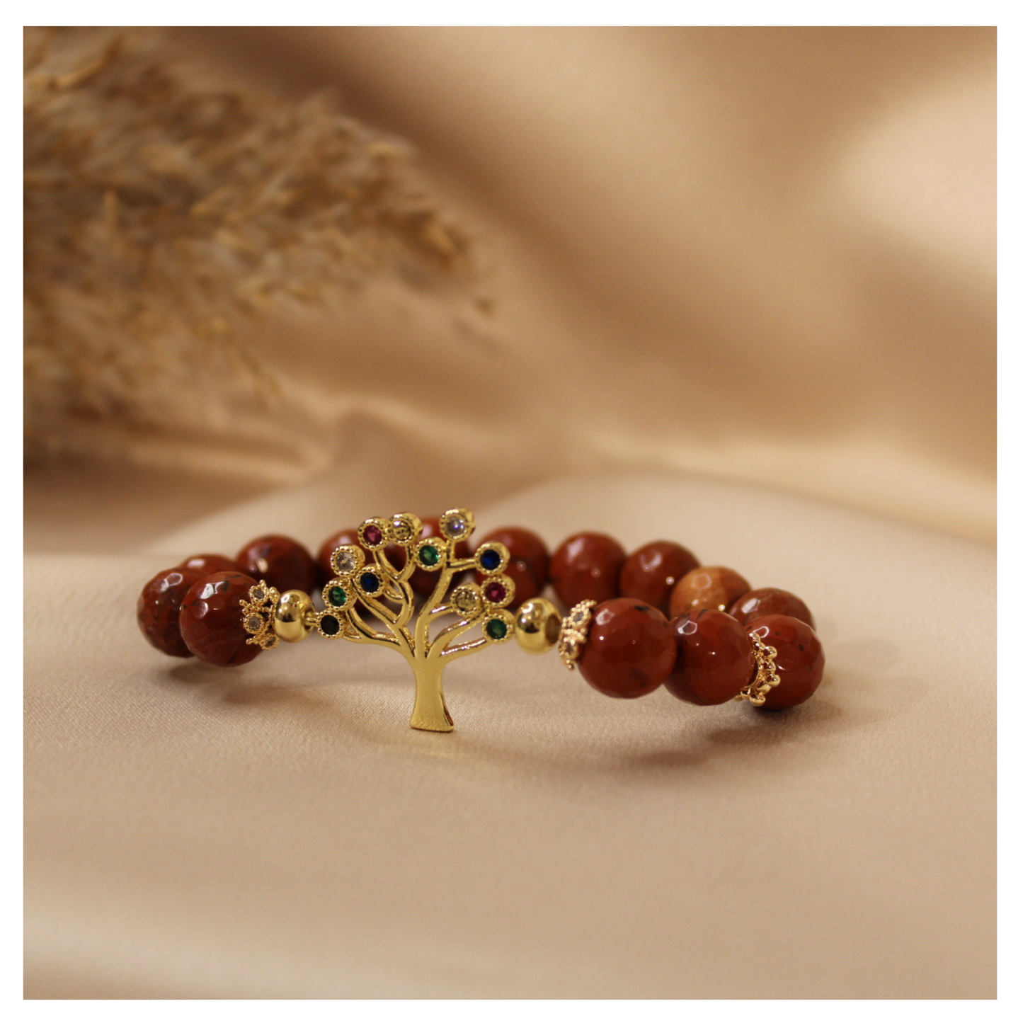 Pulsera Jaspe Rojo 12mm & enlace de árbol de la vida con zirconias en colores
