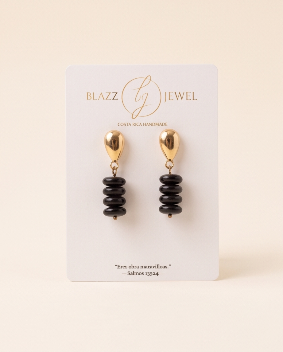 Aretes Ónix 4 rondelas lisas & base gota dorada