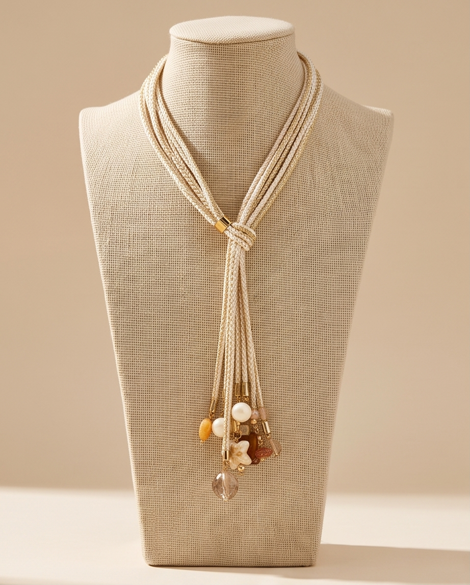 Collar Corbata 2 en 1 de Algodón Beige con Charms