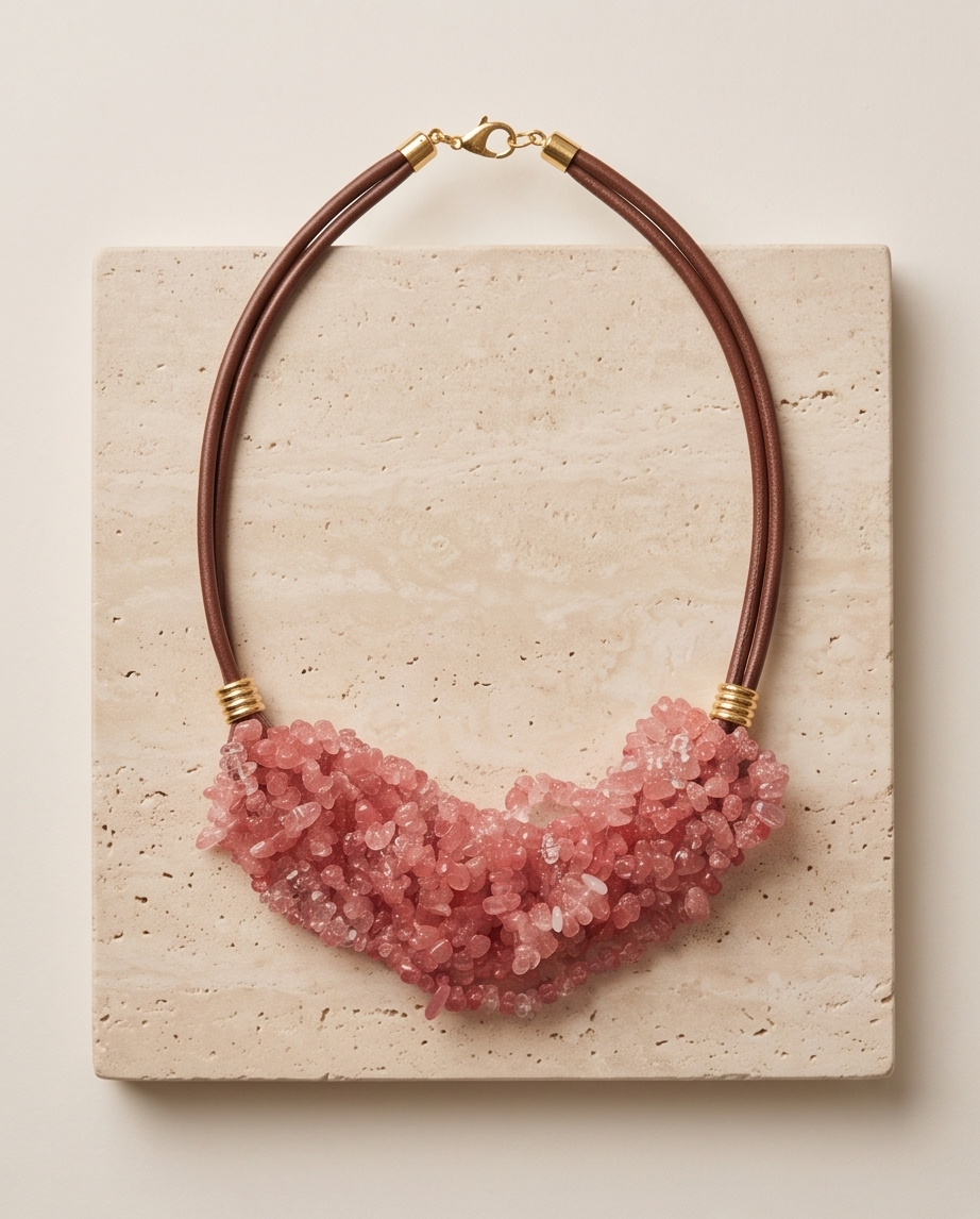 Collar Babero de Cuarzo Cherry Natural y Cuero