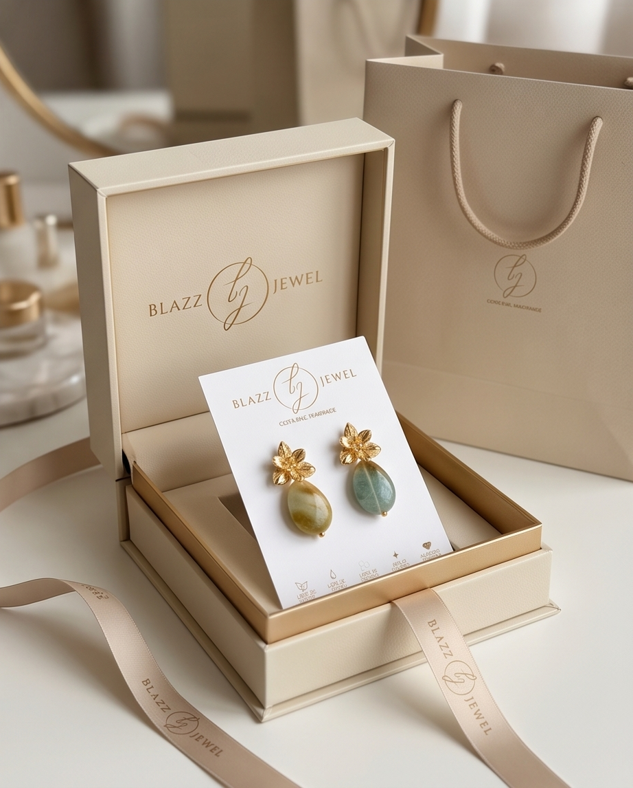 Aretes de Gota de Amazonita Facetada con Base de Flor Labrada 3D en Baño de Oro