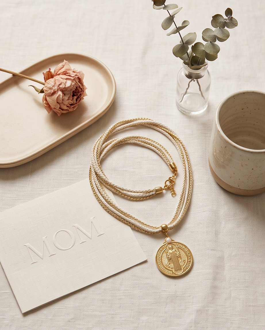 Collar Milano Biege de Algodón con Medalla de San Benito y Perla Natural