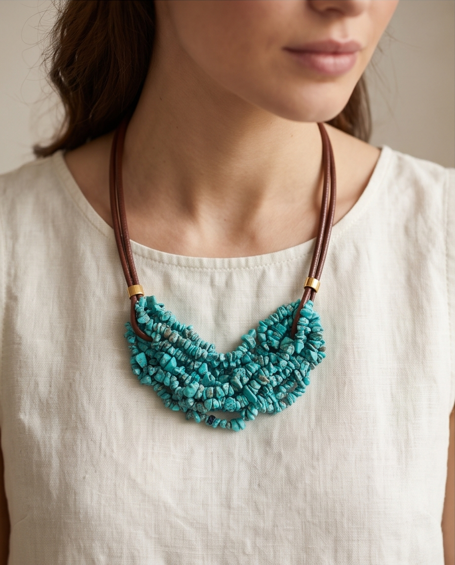 Collar Babero de Turquesa Africana y Cuero