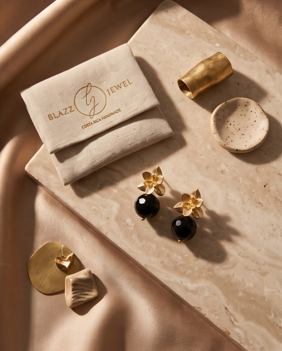 Aretes de Ónix Negro Facetado con Base de Flor Labrada 3D en Baño de Oro