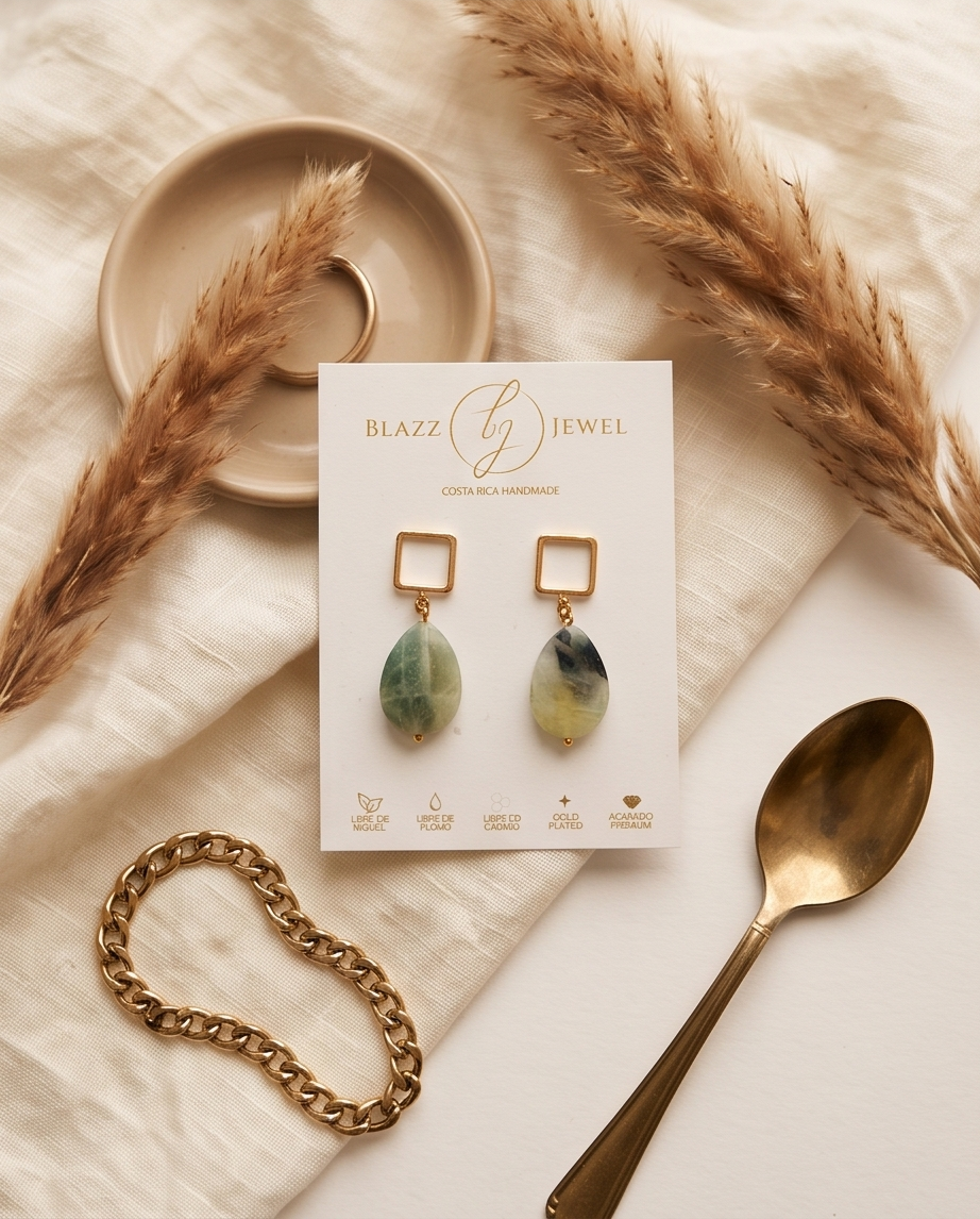 Aretes de Gota de Amazonita Facetada con Base Cuadrada Labrada