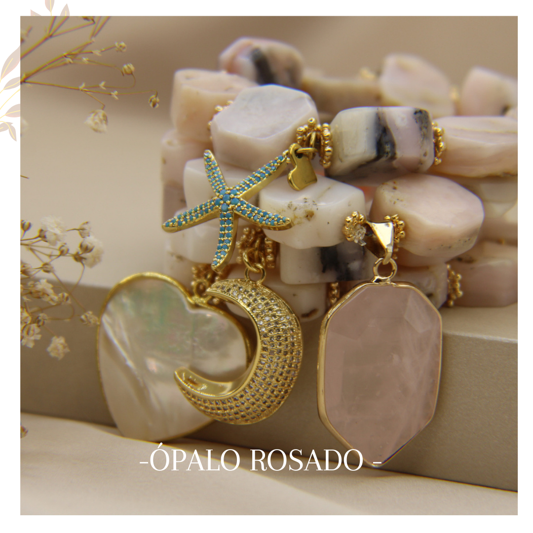 Pulsera Cubos Ópalo Rosa & dije de hexágono en cuarzo rosa