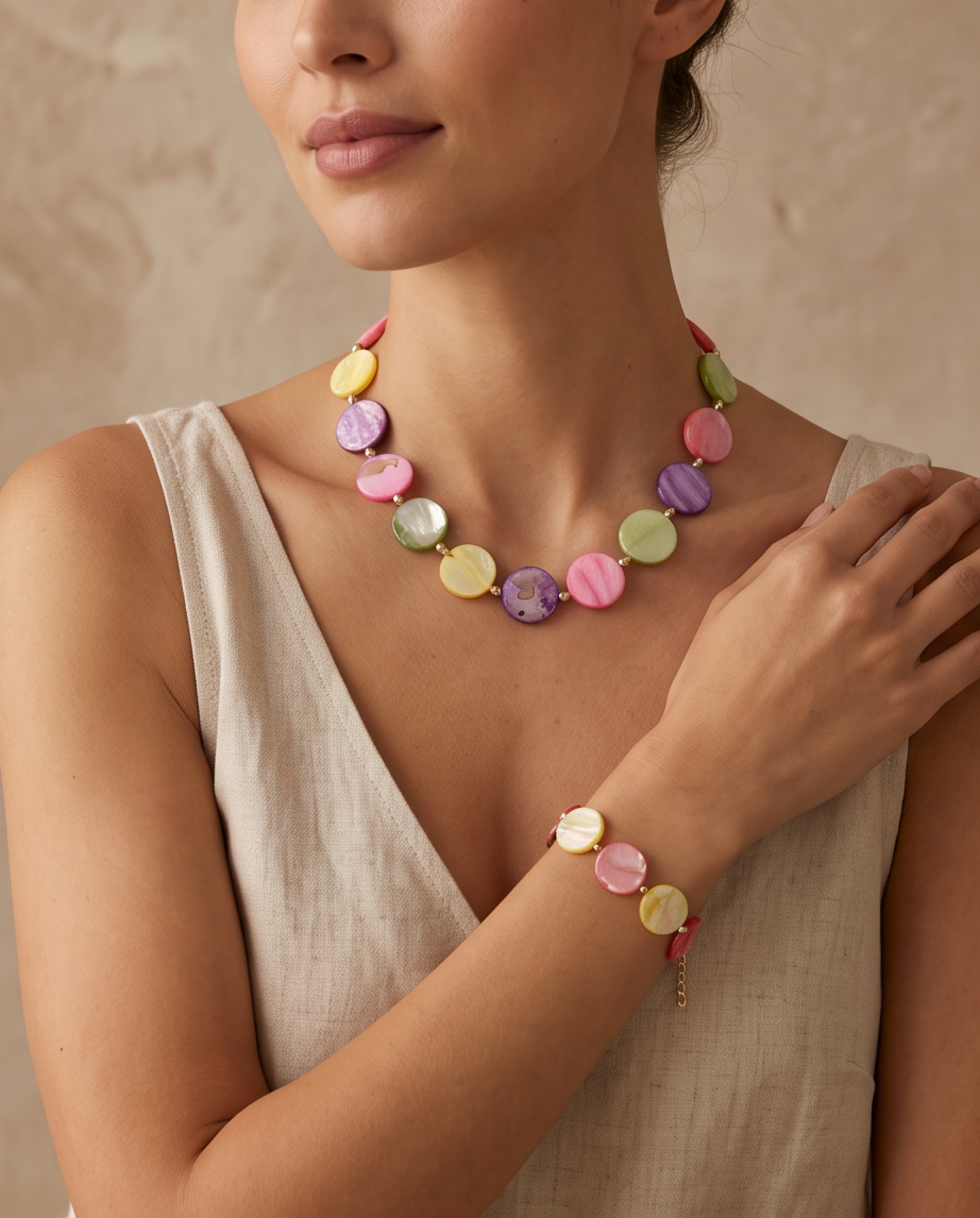 Collar de Concha Nácar en Tonos Tropicales con Entrepiezas Doradas