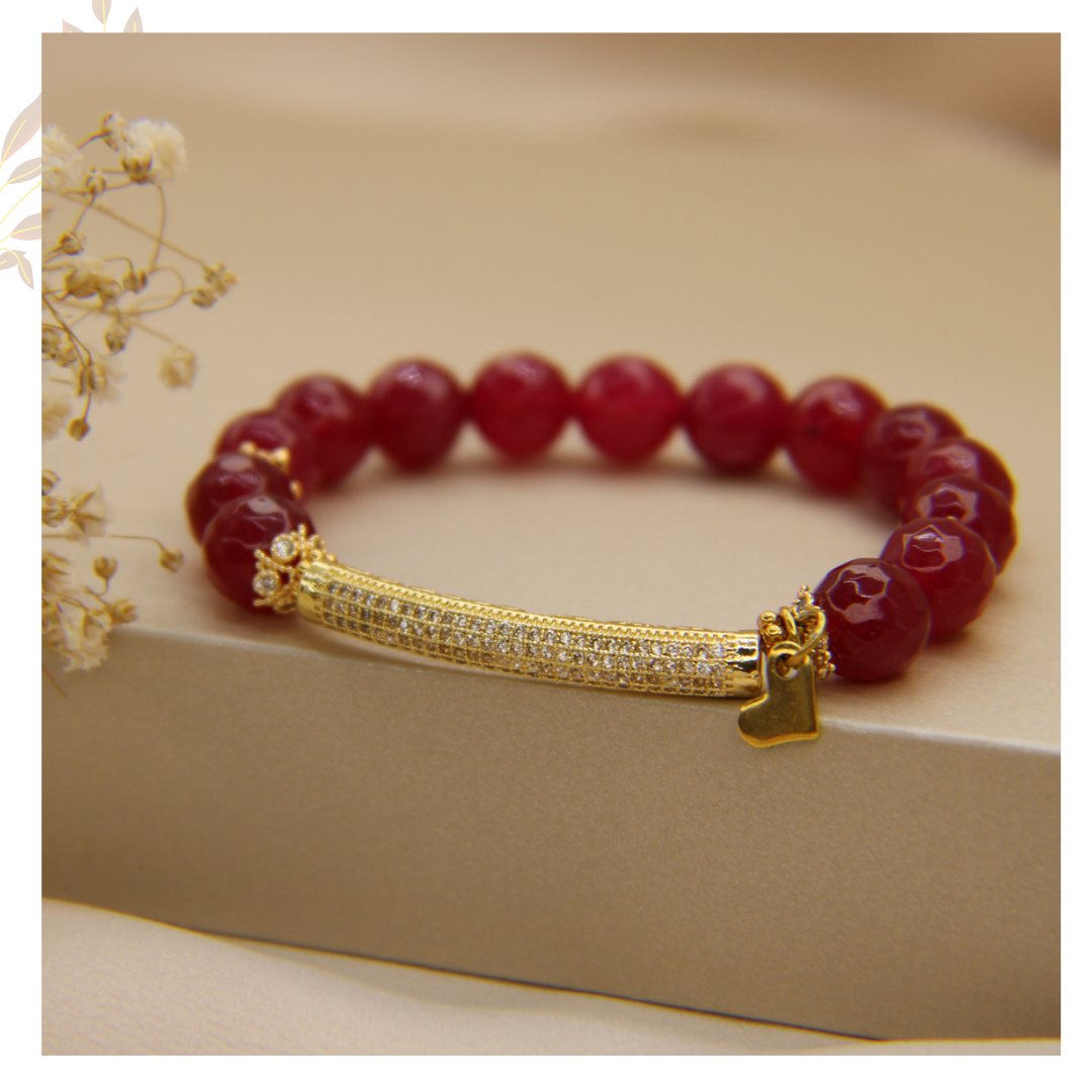 Pulsera Jade Rojo 10mm & enlace de tubo en zirconitas