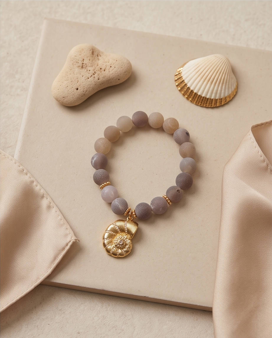 Pulsera Agata Drusy con dije de caracola dorada y zirconias