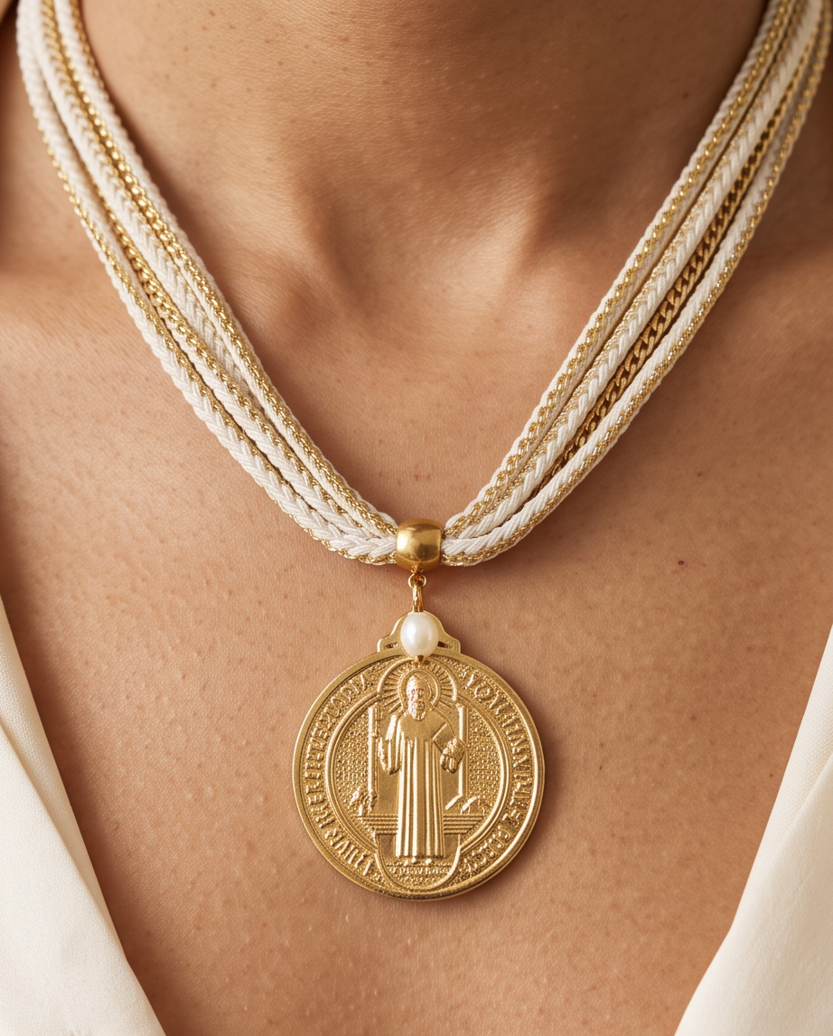 Collar Milano Biege de Algodón con Medalla de San Benito y Perla Natural