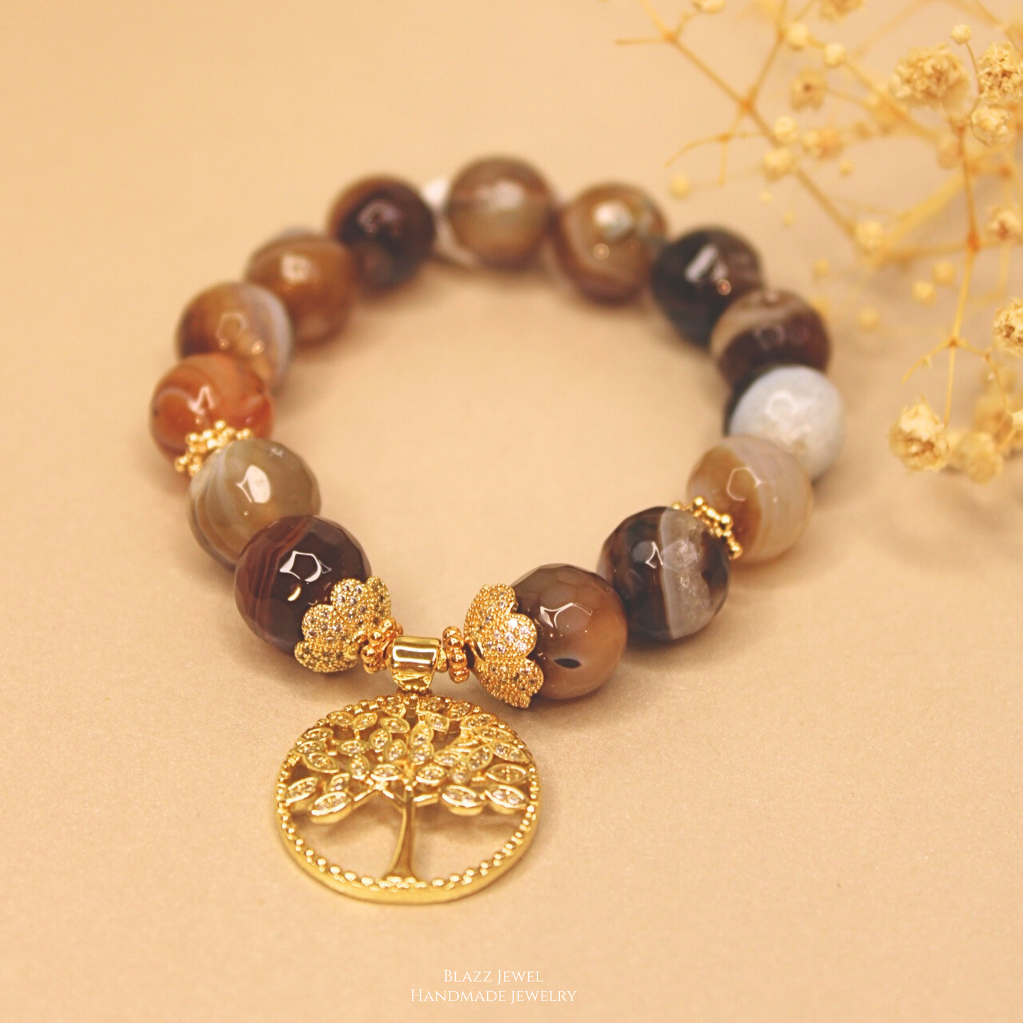 Agata Cafe 12mm & Redondo Árbol de Vida con zirconias,