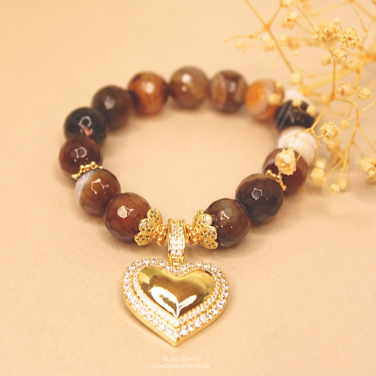 Agata Cafe 12mm & dije de corazón maxi y zirconias al borde