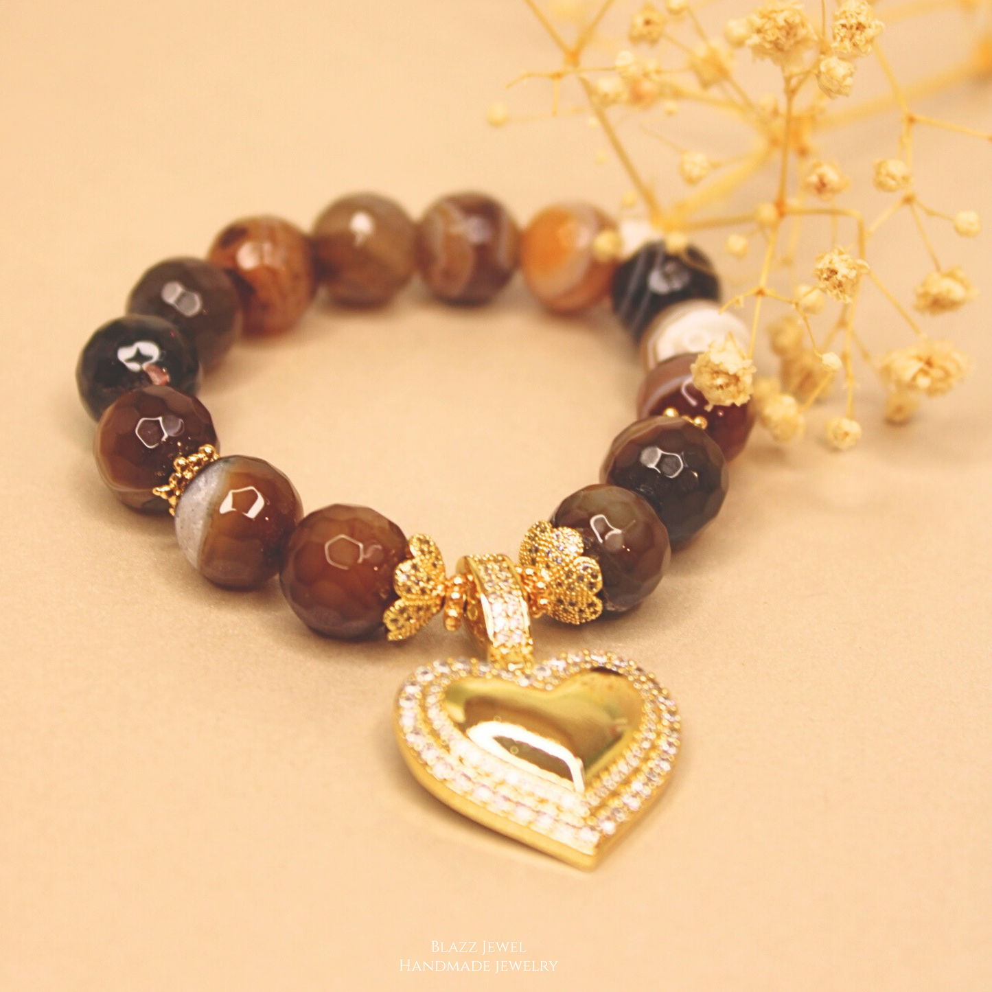 Agata Cafe 12mm & dije de corazón maxi y zirconias al borde