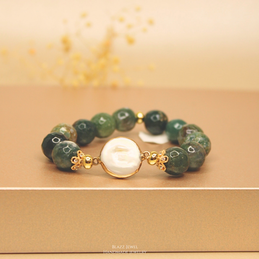 Ágata Tibetana 12mm & enlace de Perla Keshi