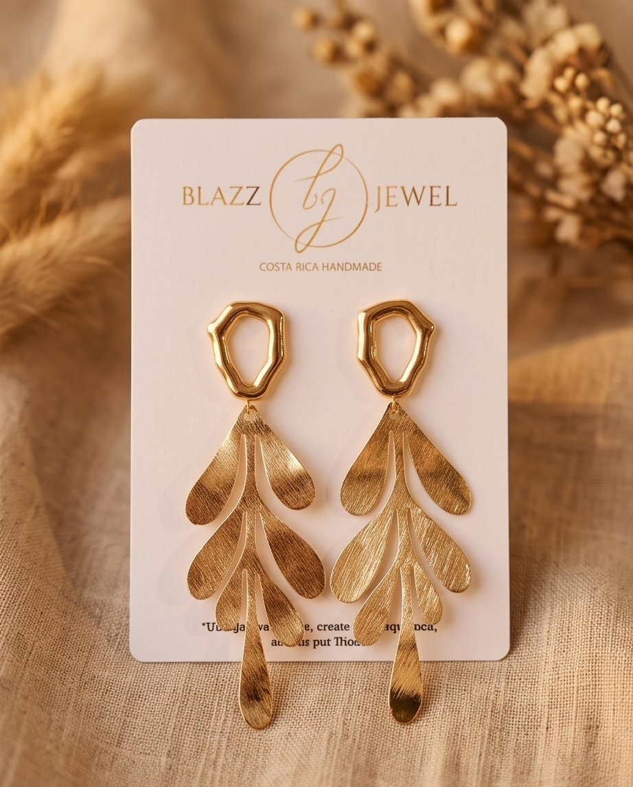 Aretes Maxi de Hoja Labrada con Base Hexagonal en Baño de Oro