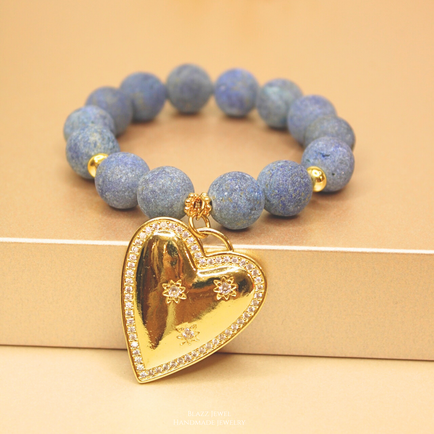 Lapislázuli Mate & dije de Corazón Maxi con estrellas en zirconias