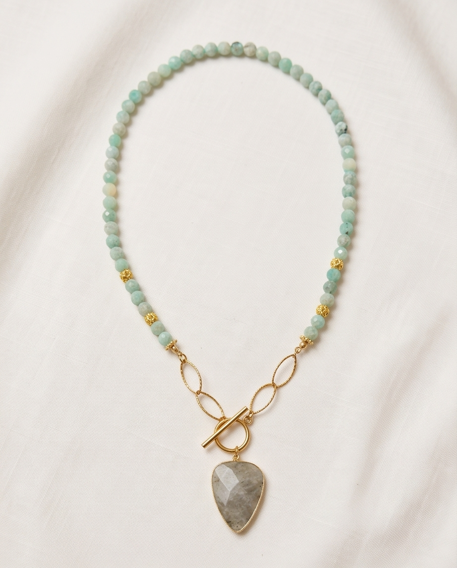Collar de Amazonita 8 mm con Cadena Tipo Ojo y Dije de Labradorita