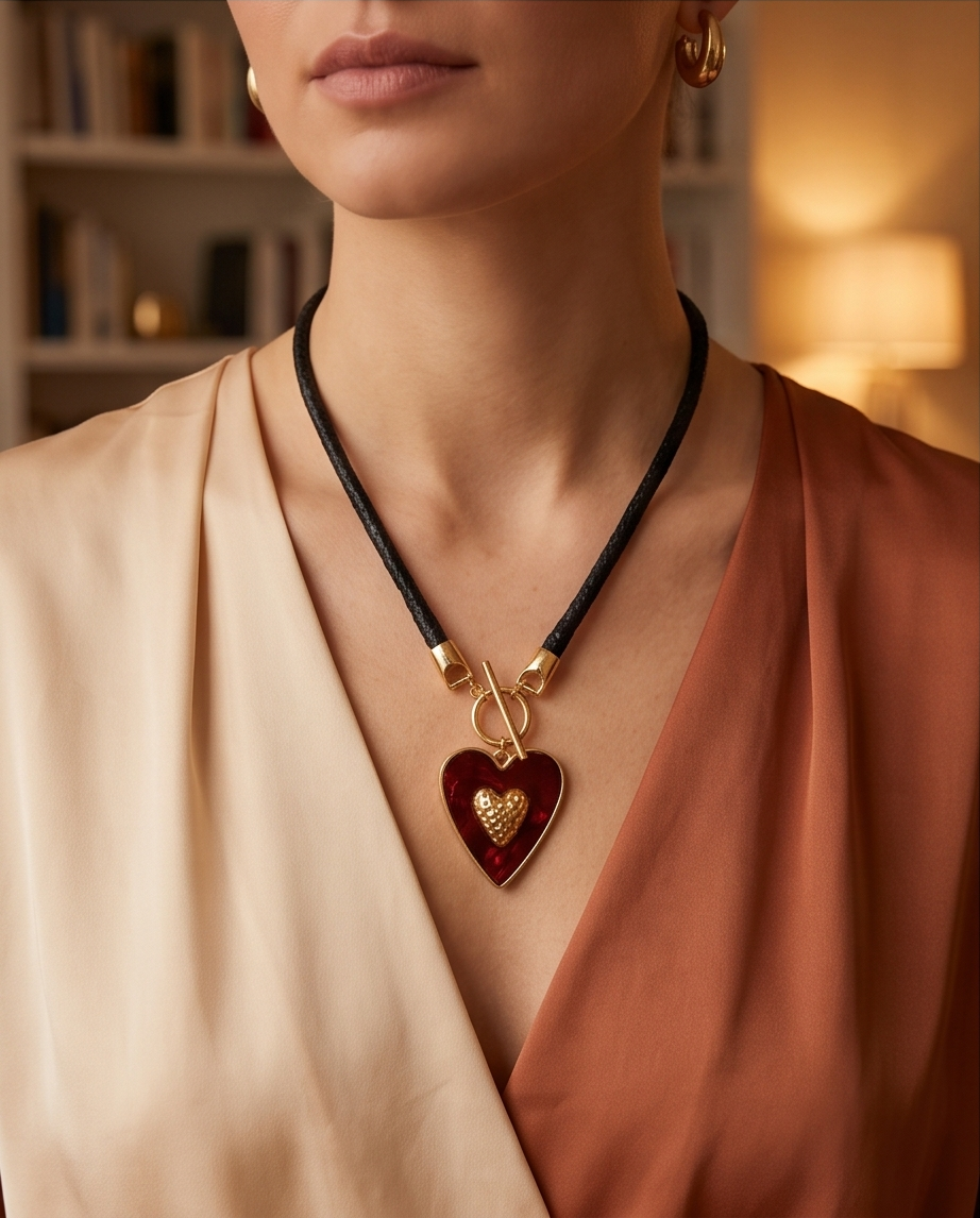 Collar de Cordón Negro con Dije de Corazón Dorado y Fondo Rojo