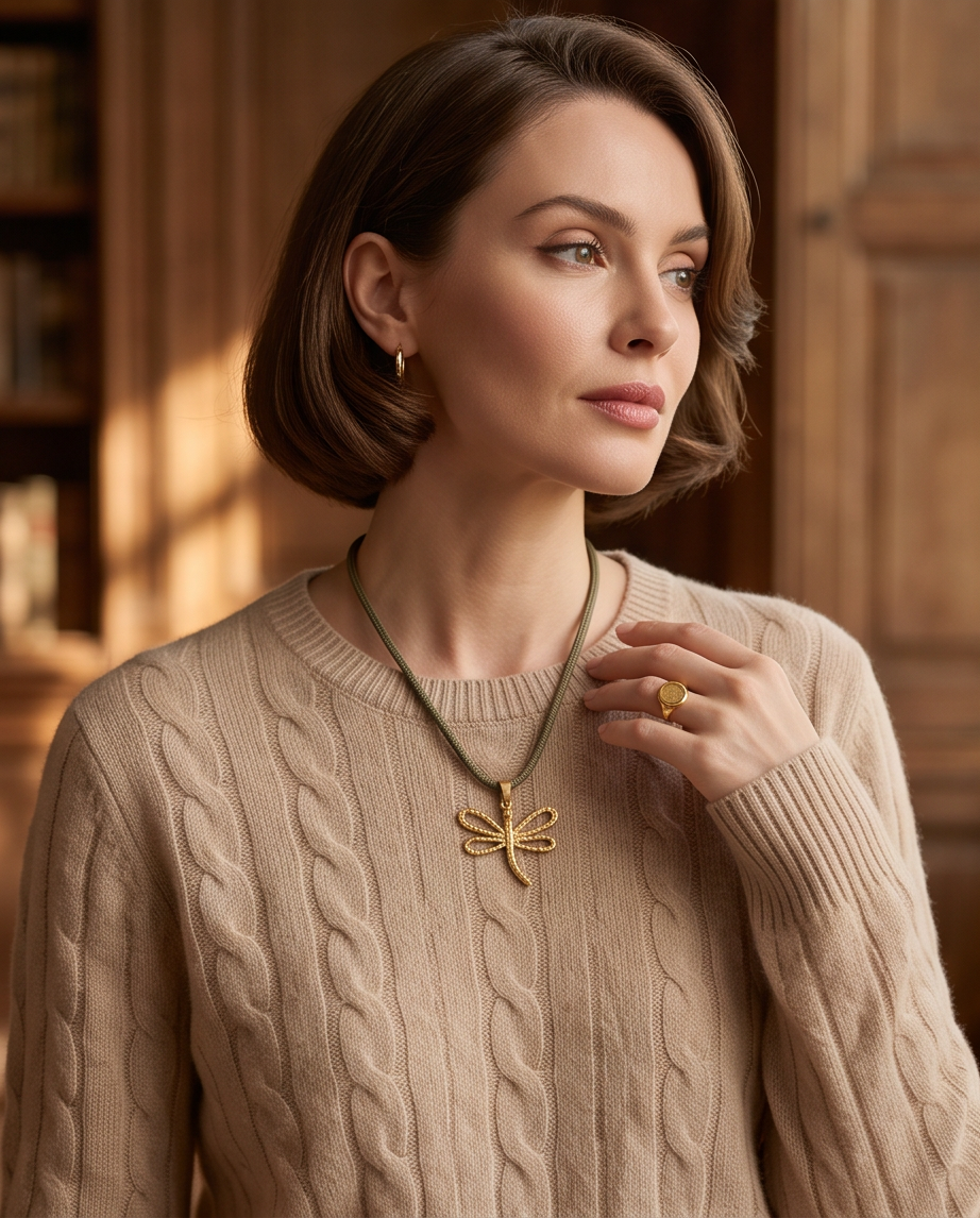 Collar Nerea de Cordón Náutico Verde con Dije de Esqueleto de Pez en Oro Mate