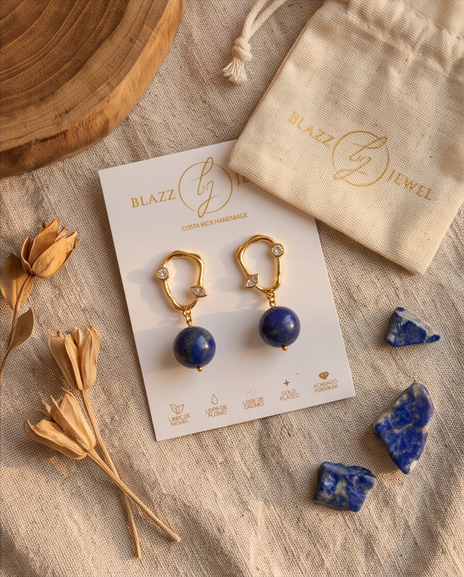 Aretes de Lapislázuli Liso con Base Ovalada con Dos Zirconias