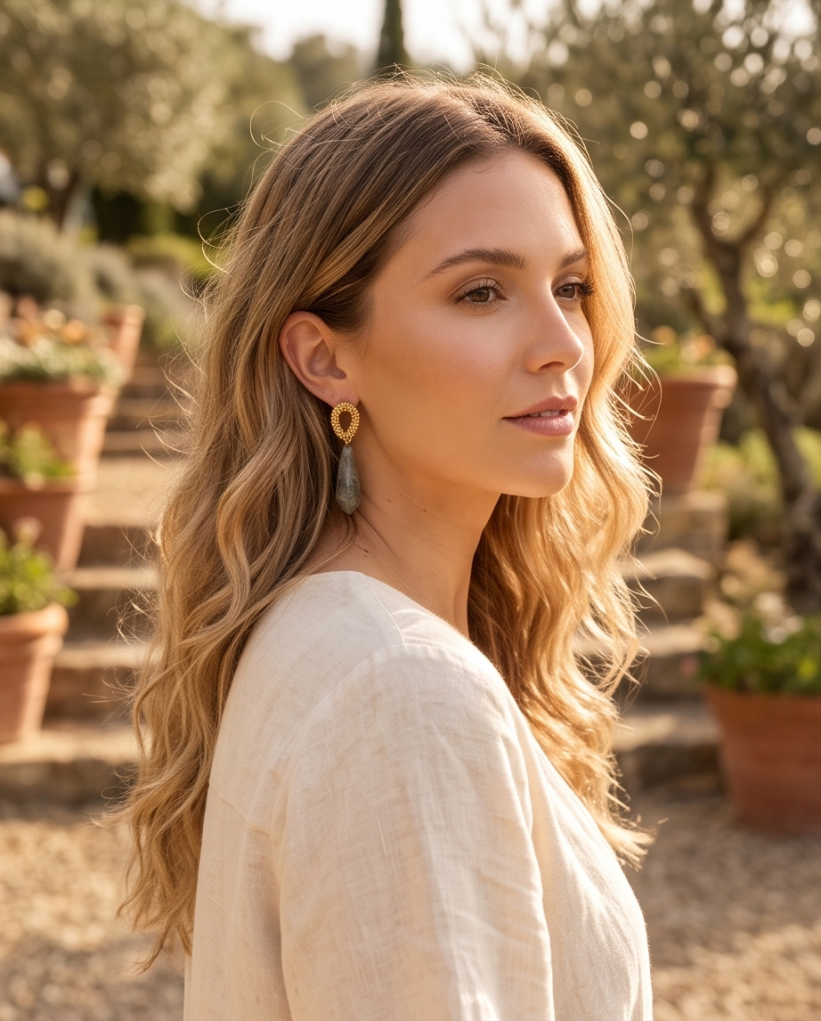 Aretes Aire de Gota Maxi de Labradorita Facetada con Base Ovalada Texturizada