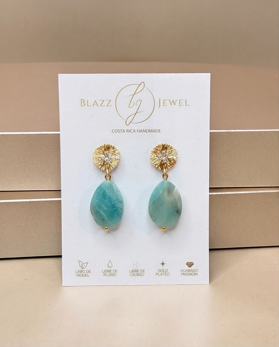 Aretes de Gota de Amazonita Facetada con Base Redonda Labrada y Mini Zirconias