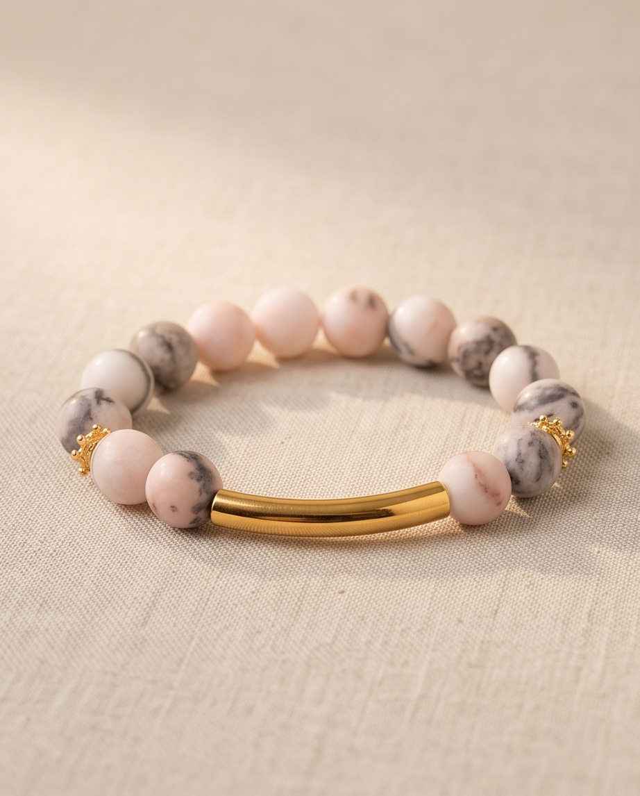 Pulsera de Jaspe Pastel 10 mm con Enlace de Tubo Dorado