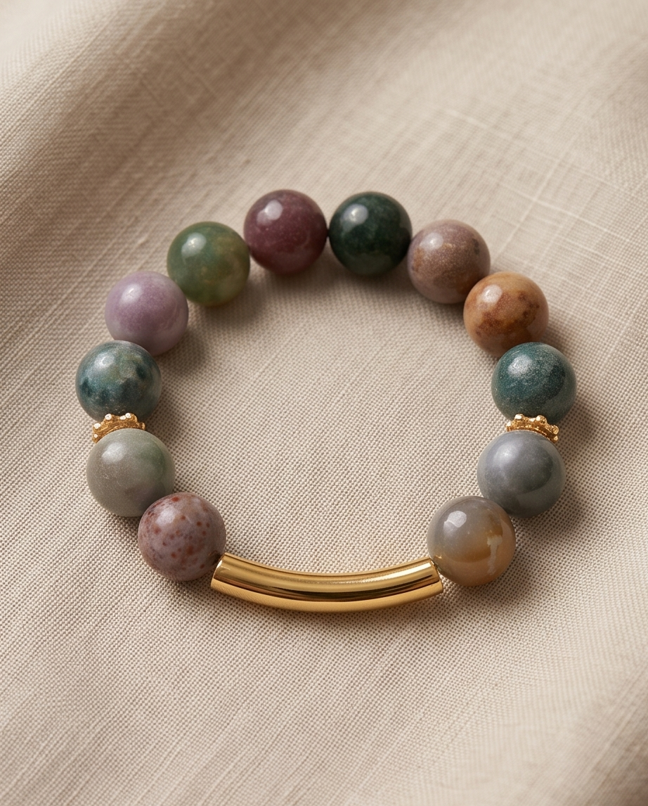 Pulsera Agata India 12mm con enlace de tubo liso color dorado