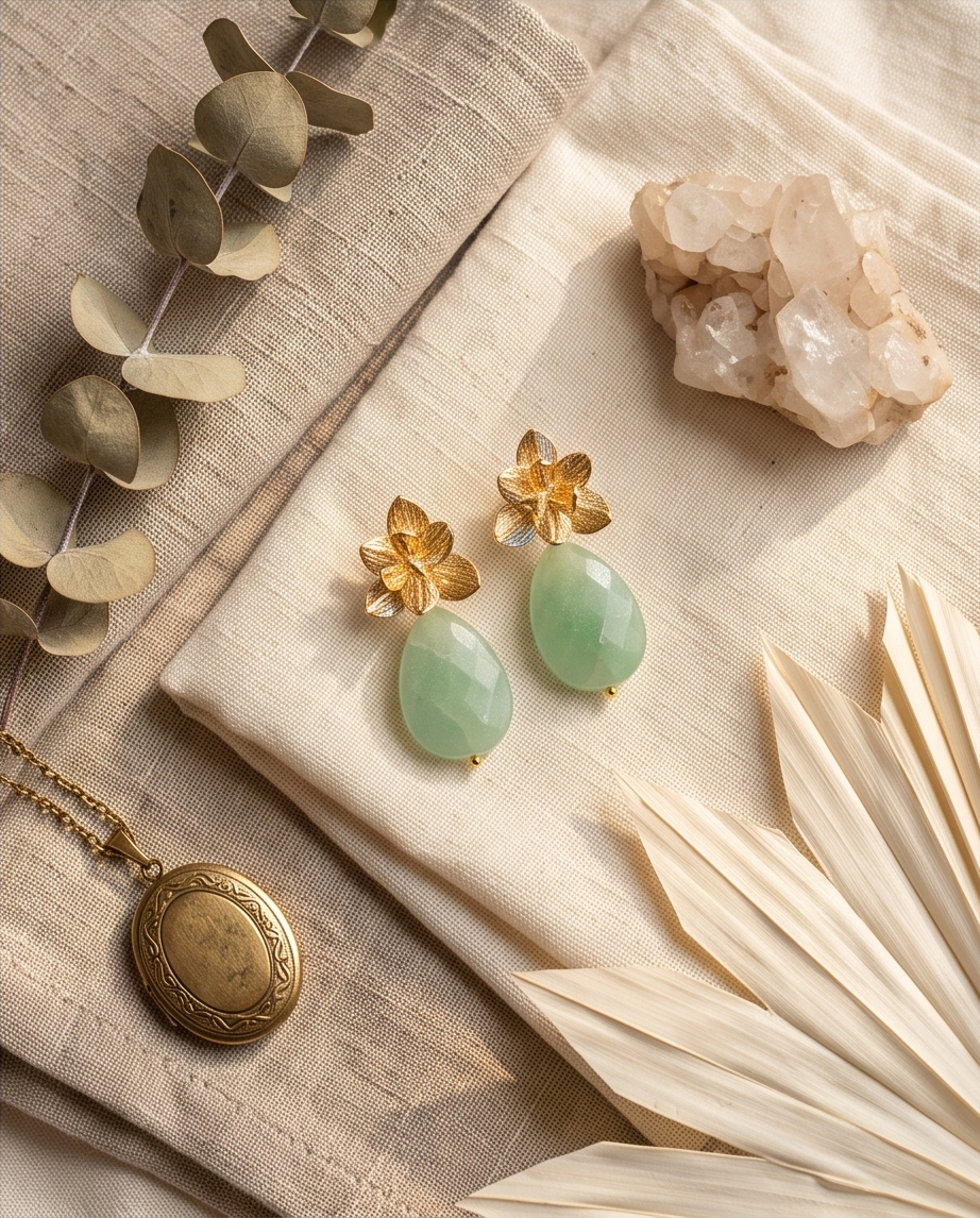 Aretes de Gota de Jade Verde Facetado con Base de Flor Labrada en Baño de Oro