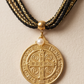 Collar Roma Negro de Algodón con Medalla de San Benito y Perla Natural