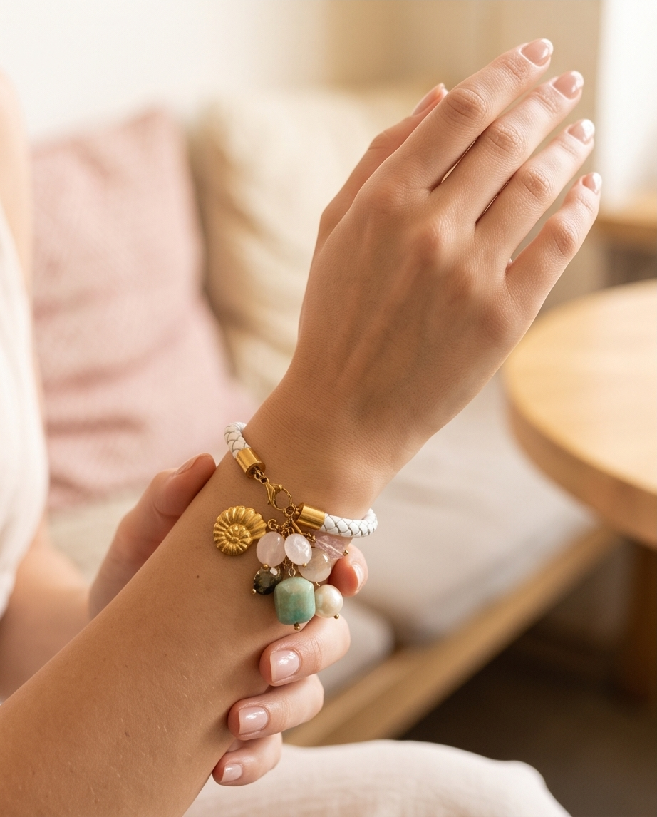 Pulsera Bangle Trenzada de Cuero Natural con Charms Mix & Match