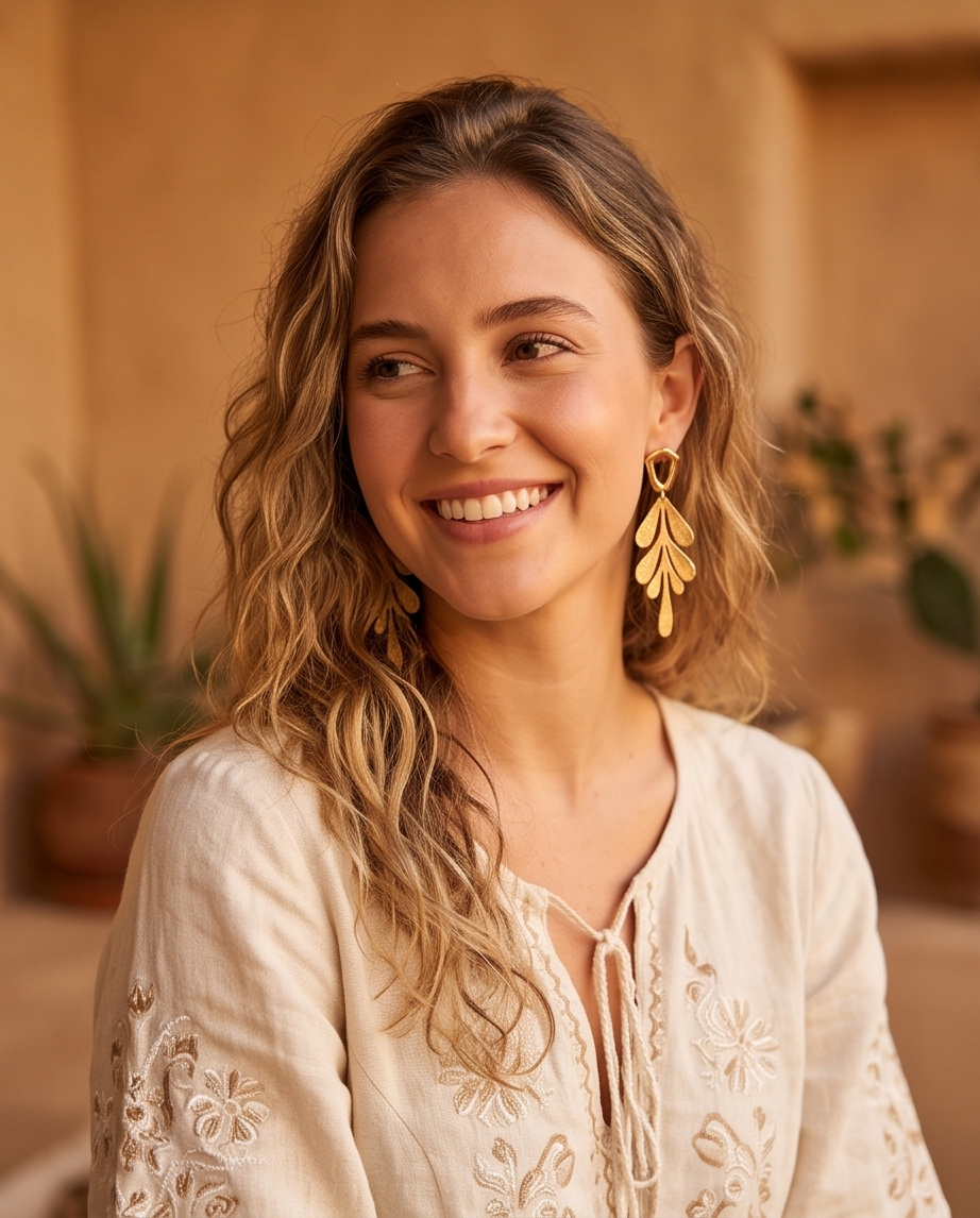 Aretes Maxi de Hoja Labrada con Base Hexagonal en Baño de Oro