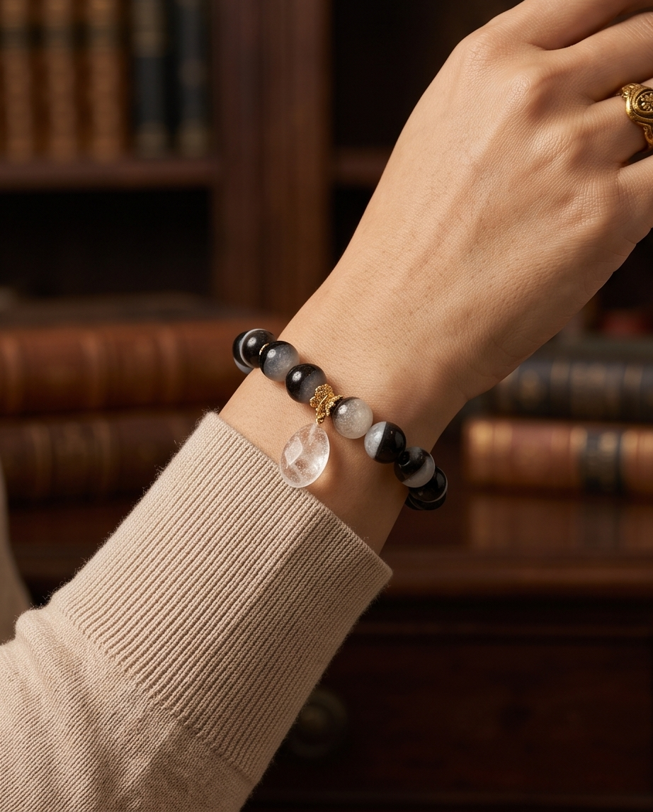 Pulsera de Ágata Marmoleada Negra y Blanca 12 mm con Dije de Cuarzo Blanco