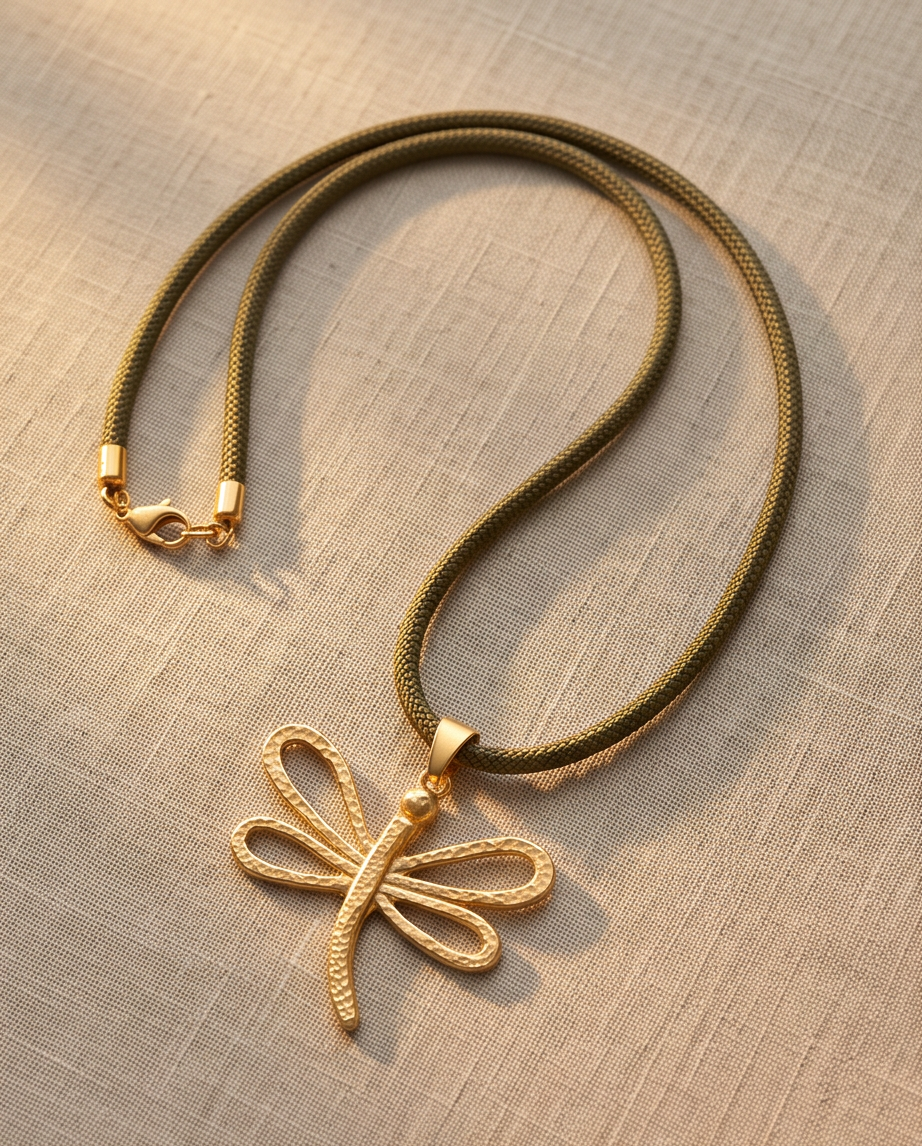 Collar Nerea de Cordón Náutico Verde con Dije de Esqueleto de Pez en Oro Mate
