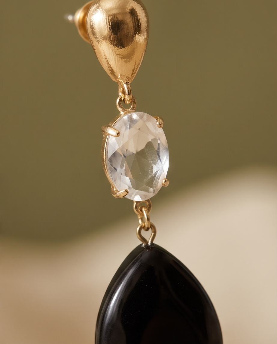 Aretes de Ónix en Gota Facetada con Cristal y Zirconias