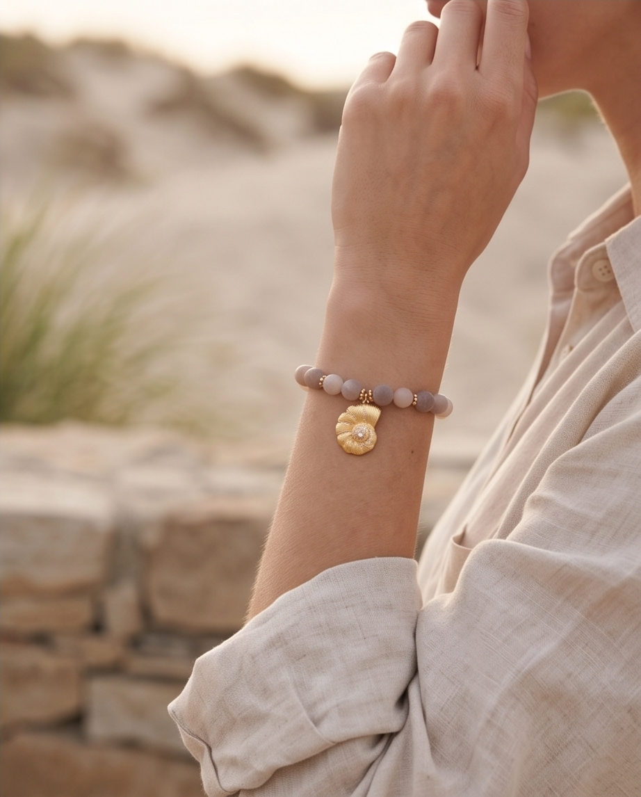 Pulsera Agata Drusy con dije de caracola dorada y zirconias