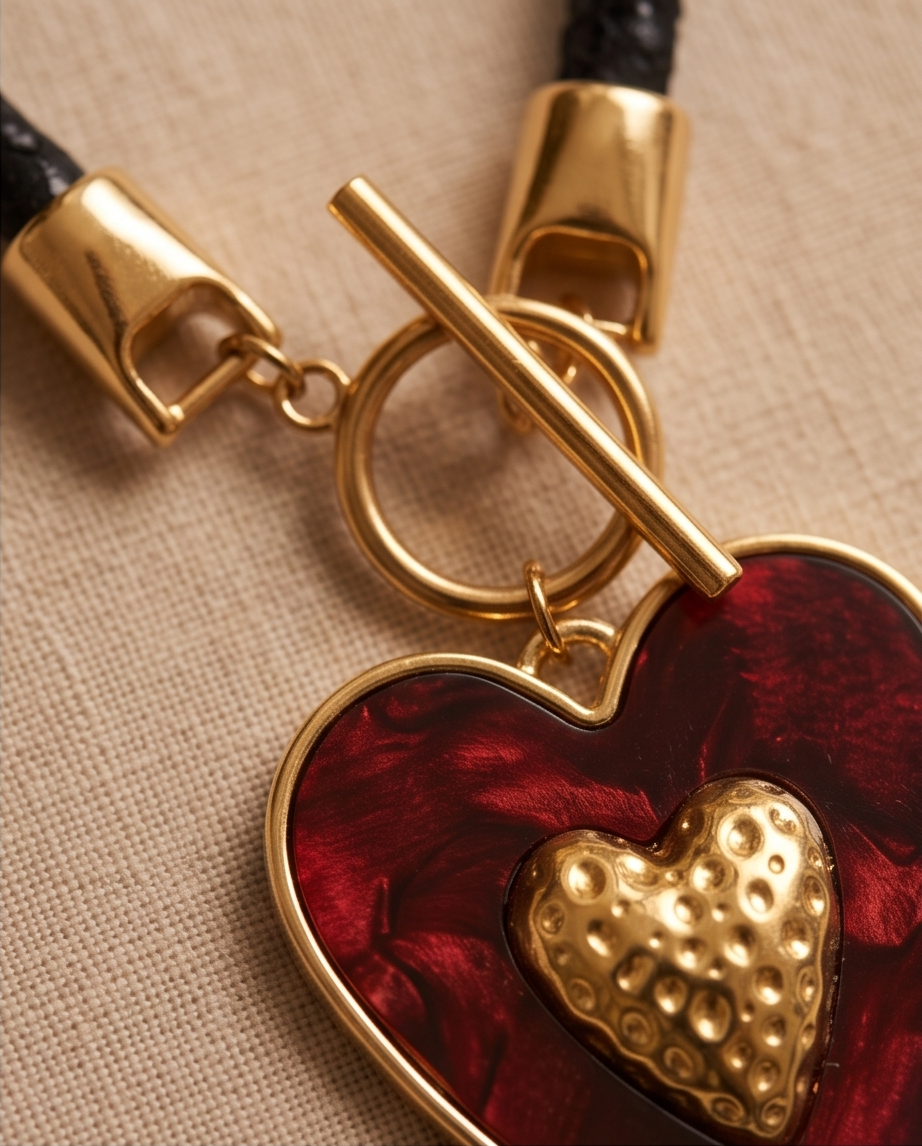 Collar de Cordón Negro con Dije de Corazón Dorado y Fondo Rojo