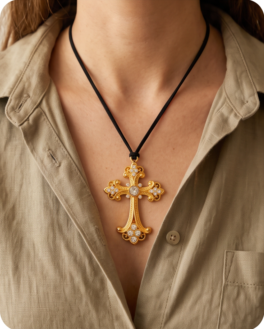 Collar Boho de Cuero Gamuzado Negro con Cruz de Zirconias